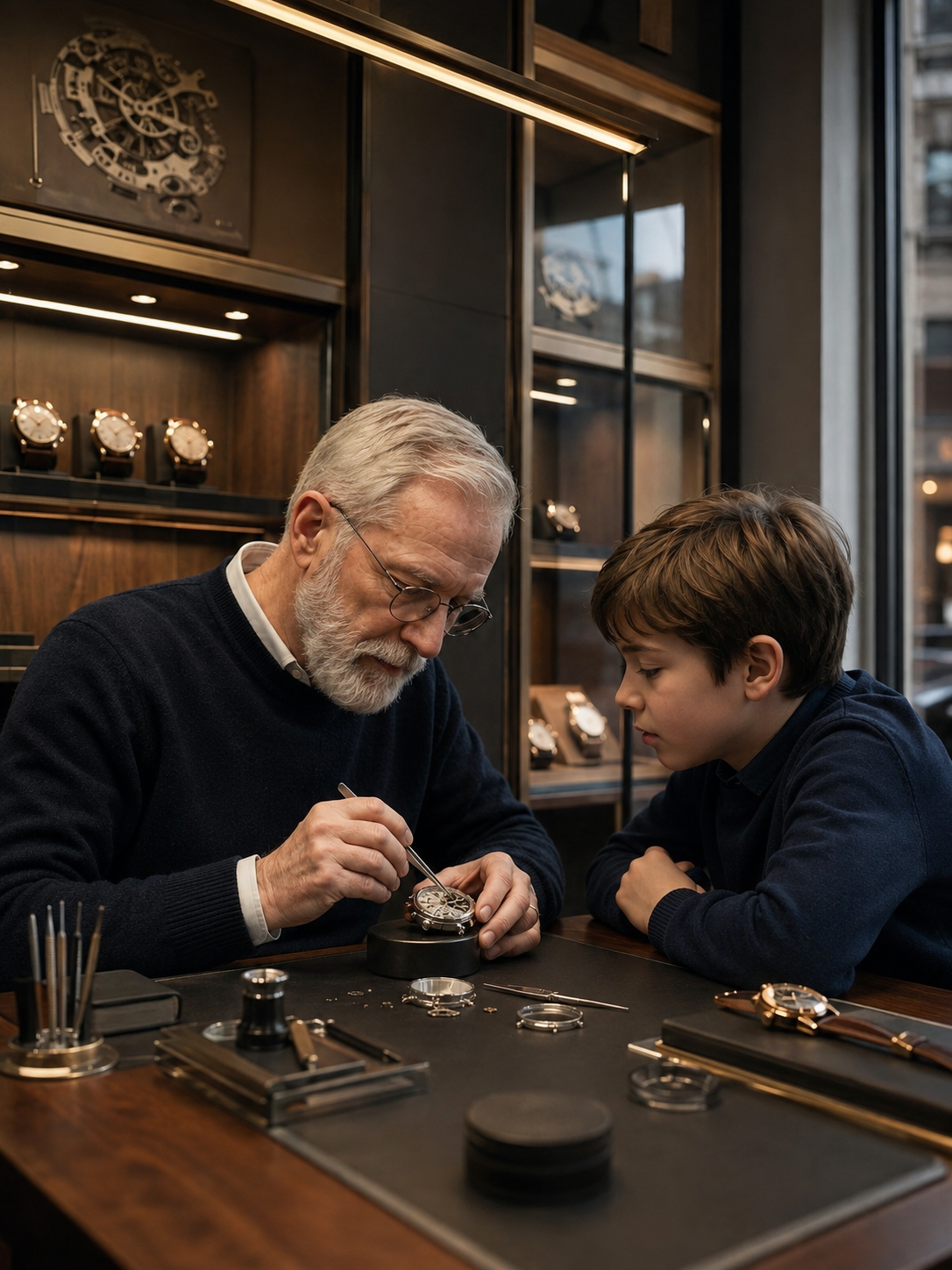 Valloren watchmaker showing a young apprentice how a movement is set